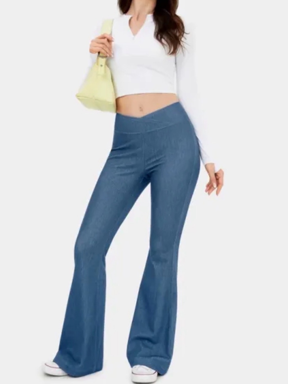HALARA Blue V-Waist Flare Pull on Knit Denim Pants